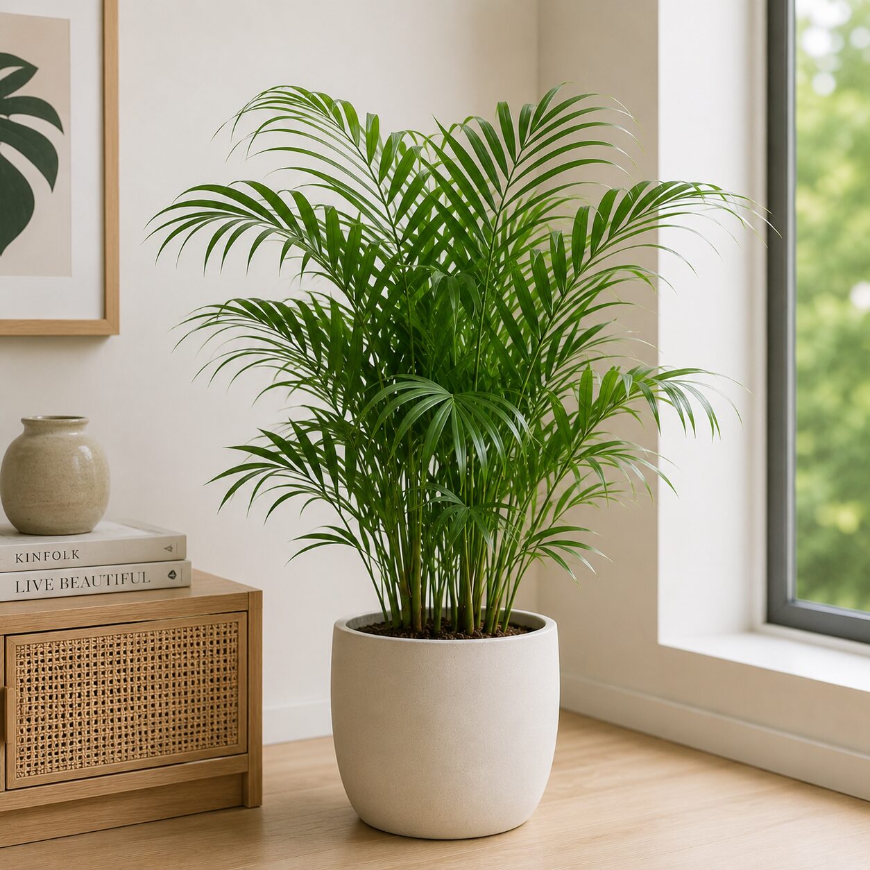 Low-Light Houseplants - Parlor Palm fronds in a shaded room