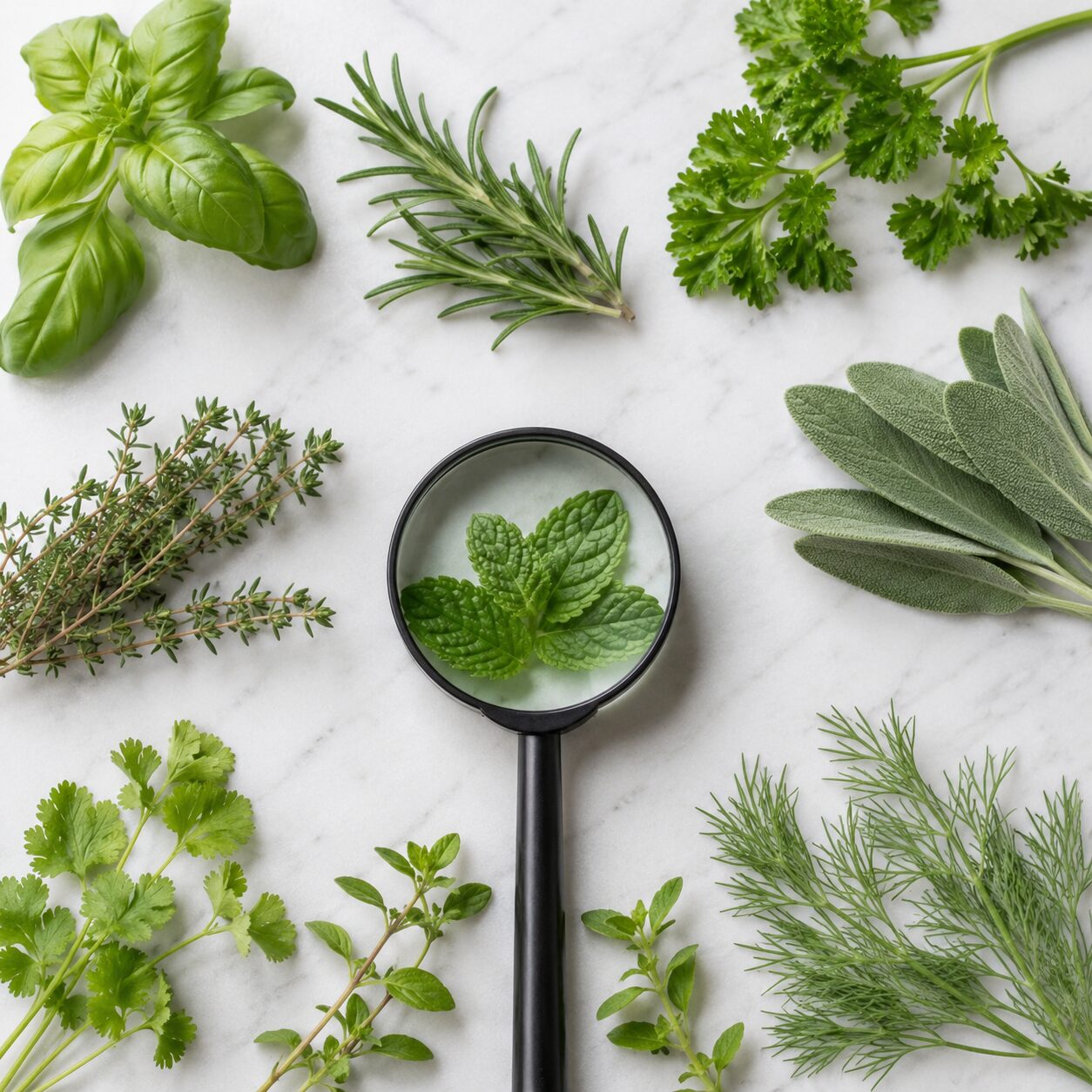 Herb Identification guide showing common garden herbs side by side