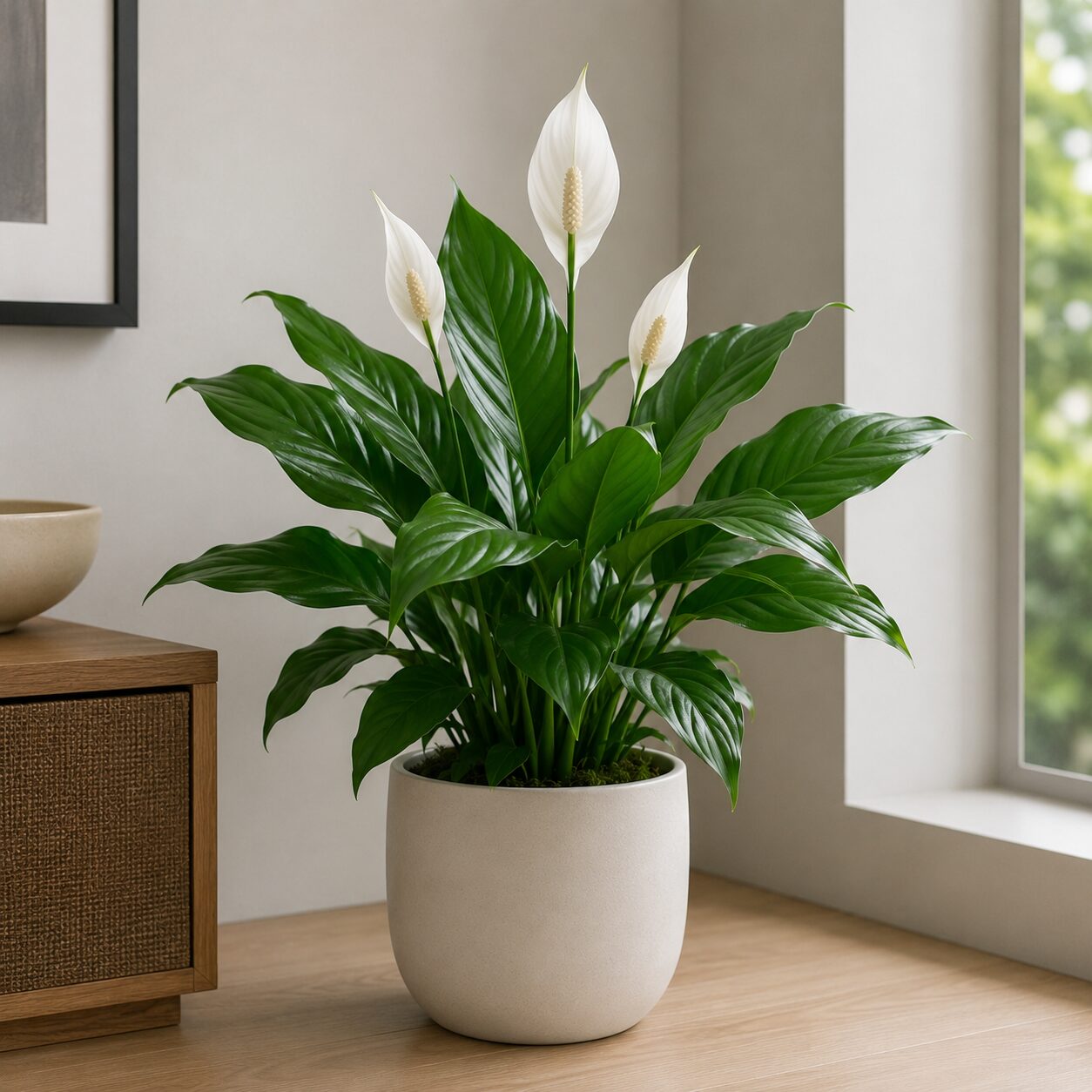 Low-Light Houseplants - Peace Lily blooming in low indirect light