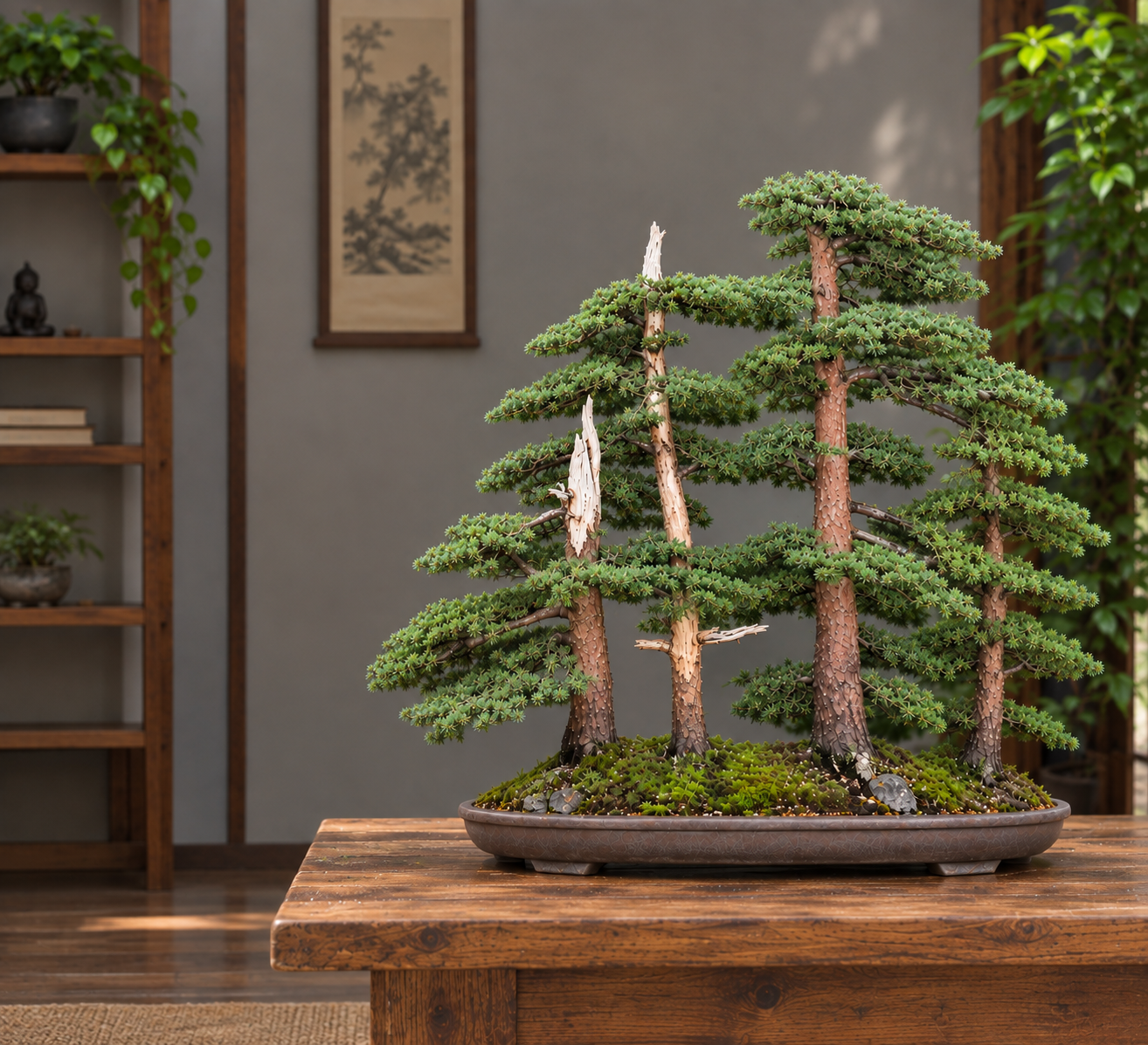 Juniper bonsai deadwood forest with several junipers and pale jin and shari planted in a shallow pot